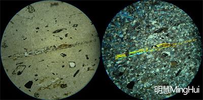 單偏光鏡下觀察，左側(cè)是沒加偏光，右側(cè)是加偏光的-明慧公司